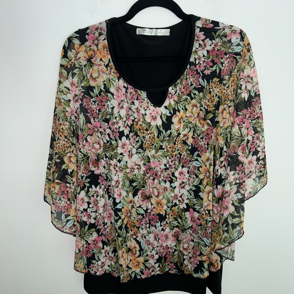 Cure Women's 2XL Sheer Floral Black Liner Short‎ Sleeve Blouse Multicolor